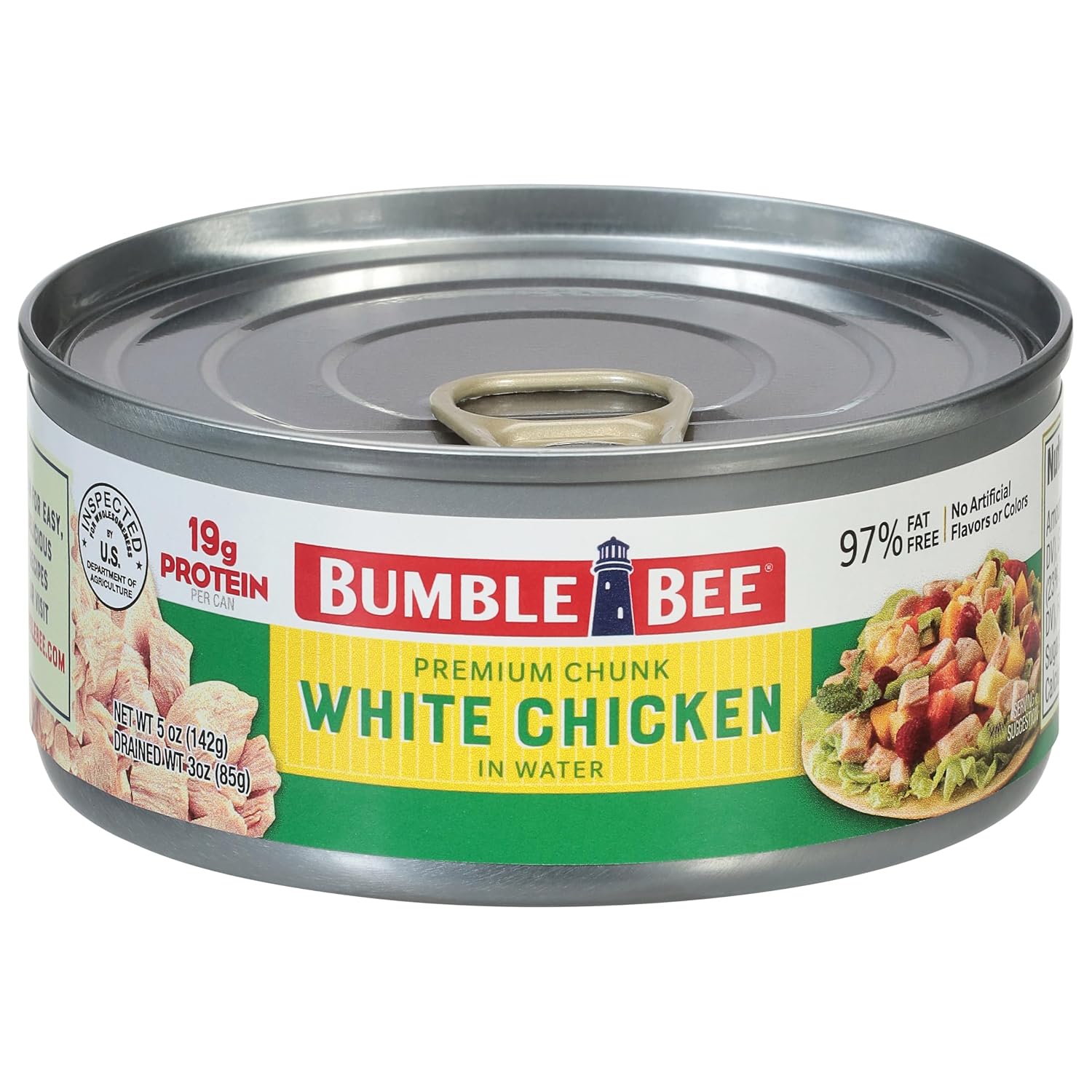 Bumble Bee canned chicken cans displayed on a kitchen counter, sold on Amazon
