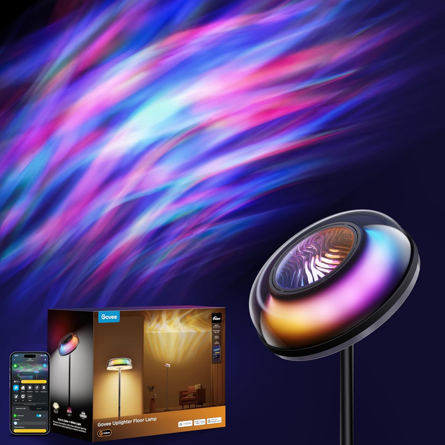 Govee RGBIC Uplighter Floor Lamp on Amazon showing ripple projector feature