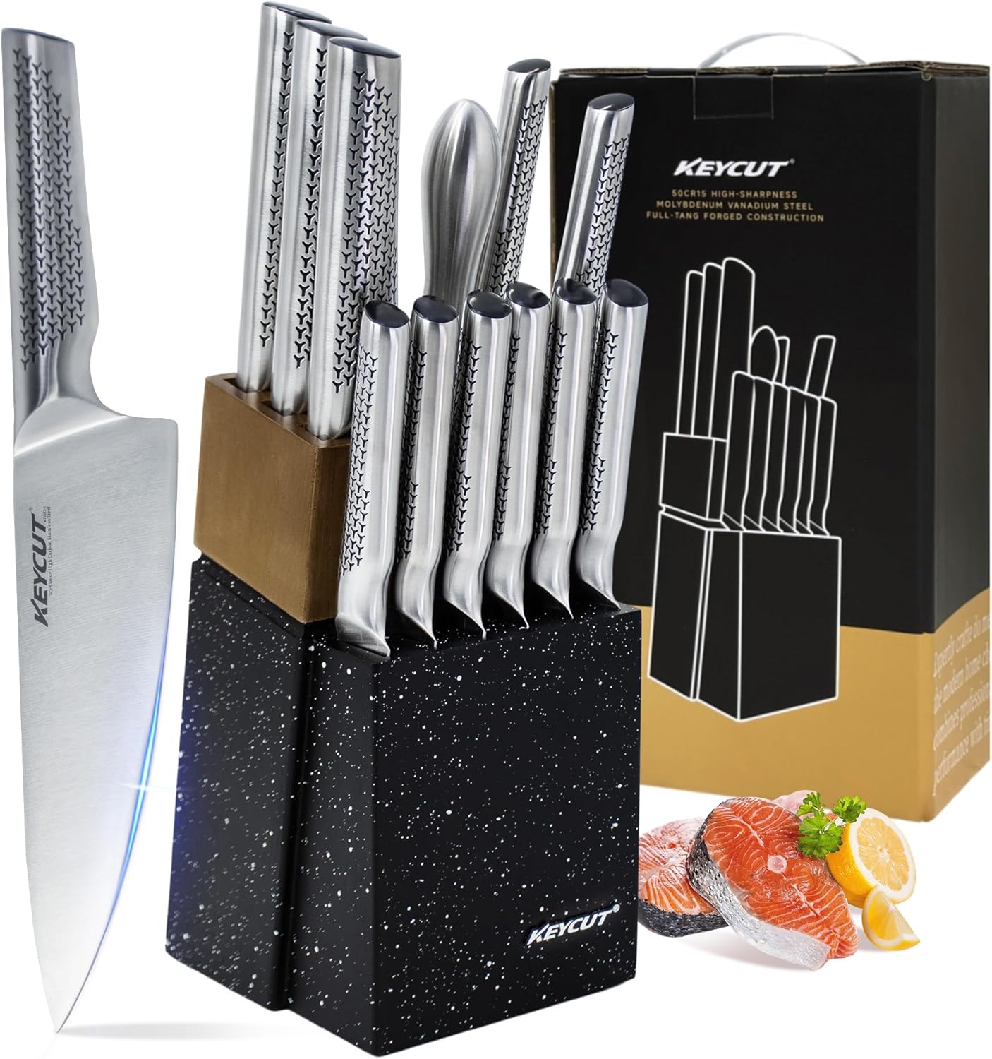KEYCUT 13‑piece high carbon stainless steel kitchen knife set with block and sharpener, sold on Amaz