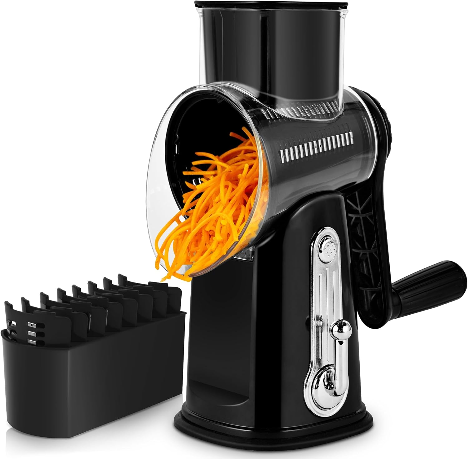 Susteas Rotary Cheese Grater with handle on Amazon, black model featuring 5 blades and suction base