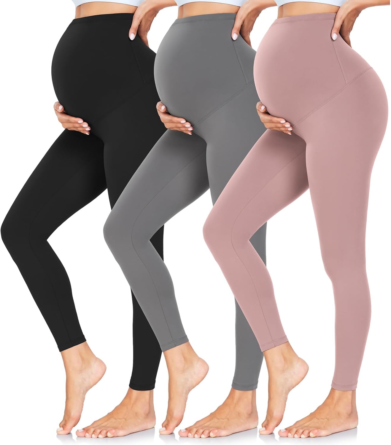 CTHH Women's Maternity Leggings in black, grey, and pink, shown on Amazon product page