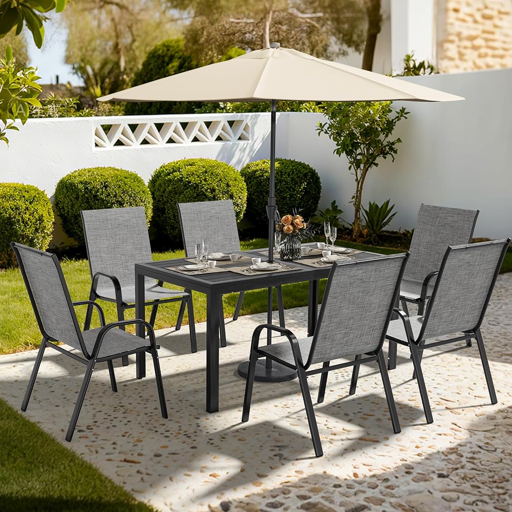 Pamapic 7-piece outdoor dining set with steel table and Textilene chairs, grey, sold on Amazon