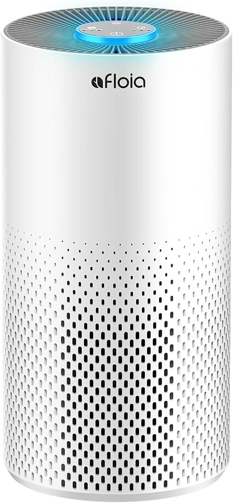Afloia Air Purifier for large rooms on Amazon, showing sleek design and night light colors