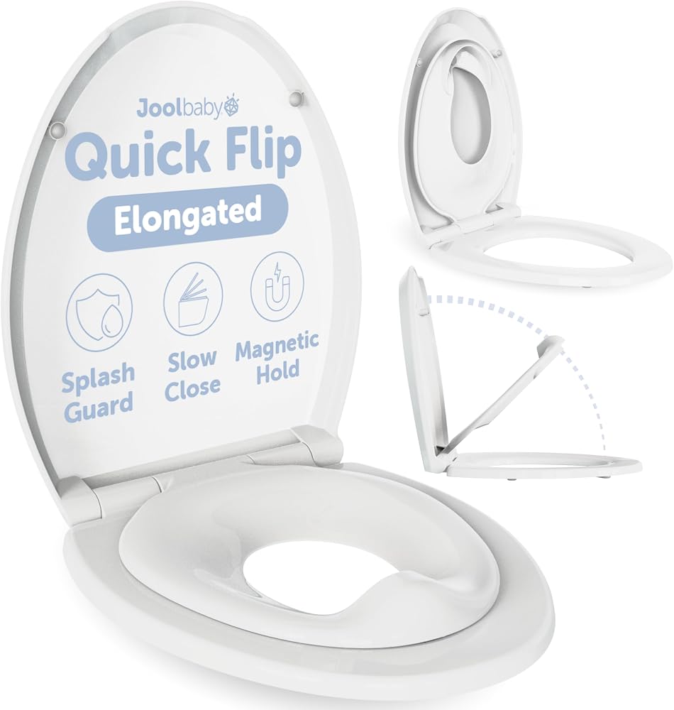 Jool Baby Quick Flip Toilet Seat with built‑in potty and splash guard, shown on Amazon