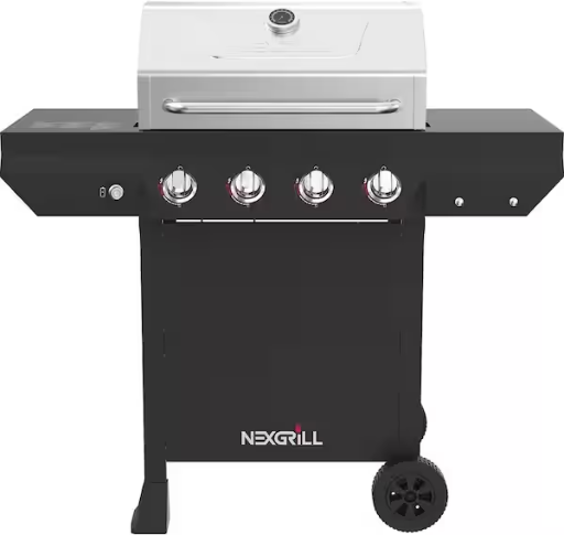 Nexgrill 4-Burner Propane Gas Grill in black with stainless steel lid at Home Depot