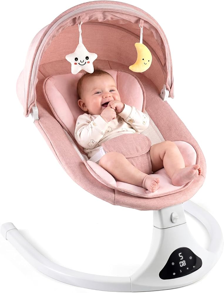 RIVIPLOU Electric Baby Swing in pink with remote control, shown on Amazon