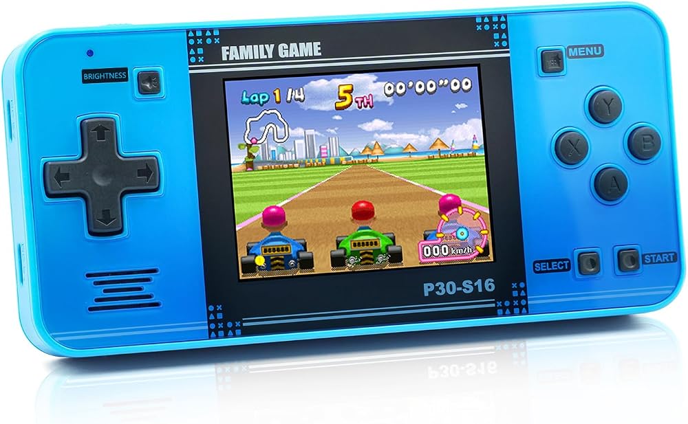 Blue handheld retro game player with 3.0 inch LCD screen sold on Amazon