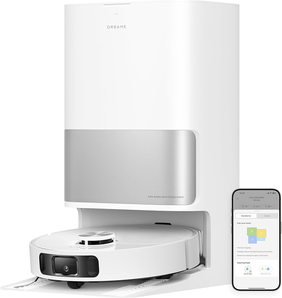 Dreame L10s Ultra robot vacuum and mop on Amazon, showing all‑in‑one base station and self‑cleaning 