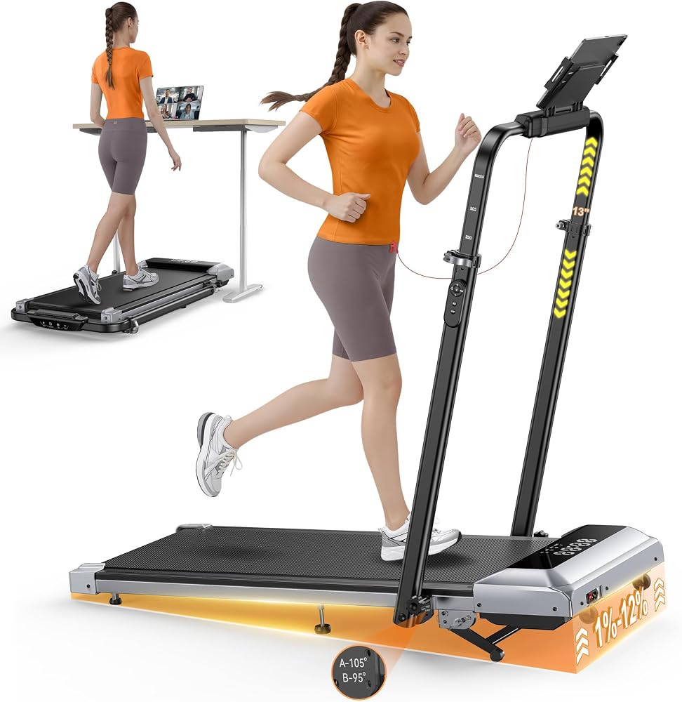 TOPUTURE Walking Pad Treadmill with 12% incline, folding design, shown in a home office setting, sol