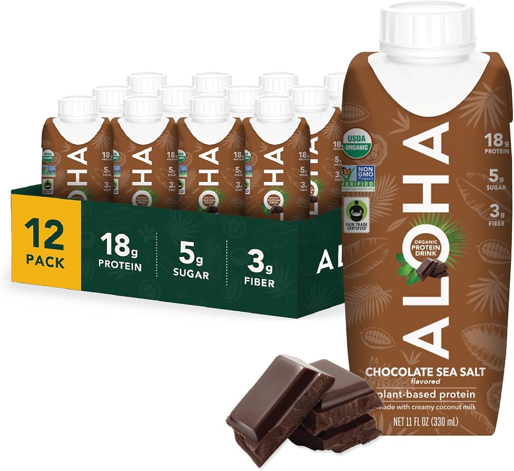 ALOHA Organic Protein Drink Chocolate Sea Salt bottle on Amazon storefront