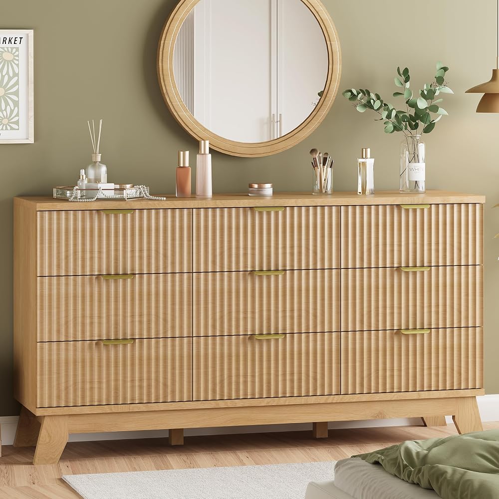 Fluted Dresser with 9 drawers in natural oak finish sold by Amazon