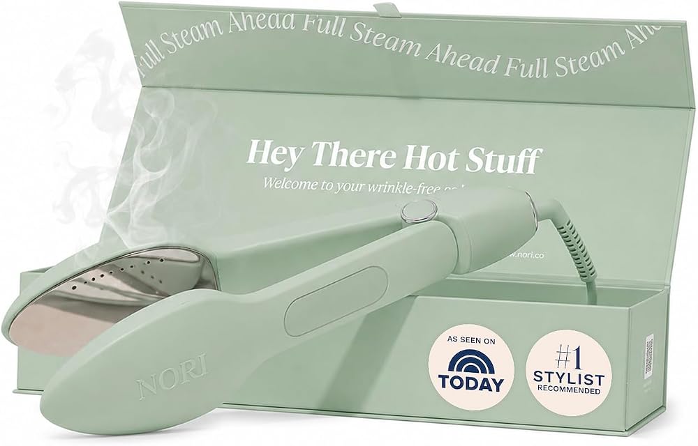 Green Nori Press Travel Steam Iron handheld with steam feature, shown on Amazon product page