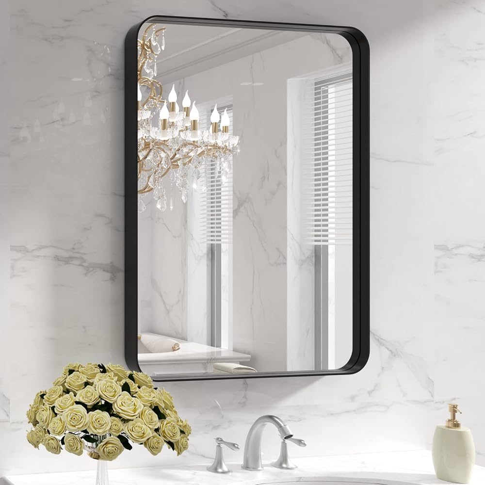 LOAAO black metal framed bathroom mirror on wall, Amazon listing