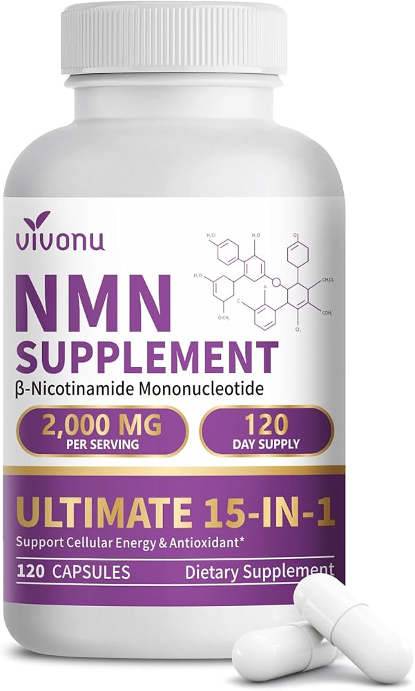 15-in-1 Liposomal NMN Supplement bottle on Amazon, 120 capsules, 2000mg serving
