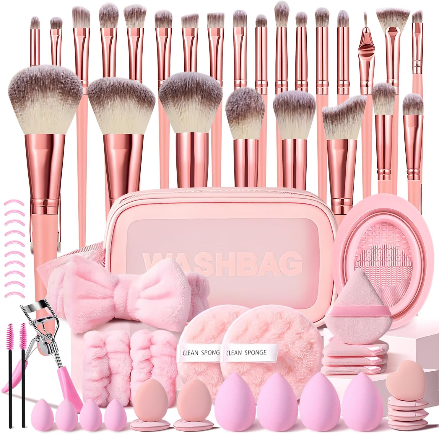 HGHDBT 65-piece pink makeup brush set displayed with case, sold on Amazon
