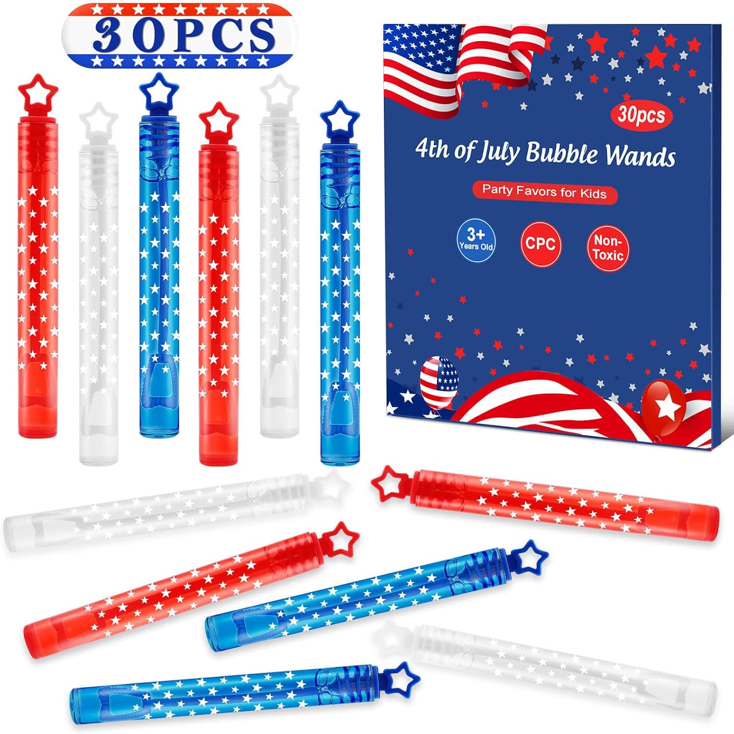 30-piece bubble wand set for Independence Day celebration, sold on Amazon