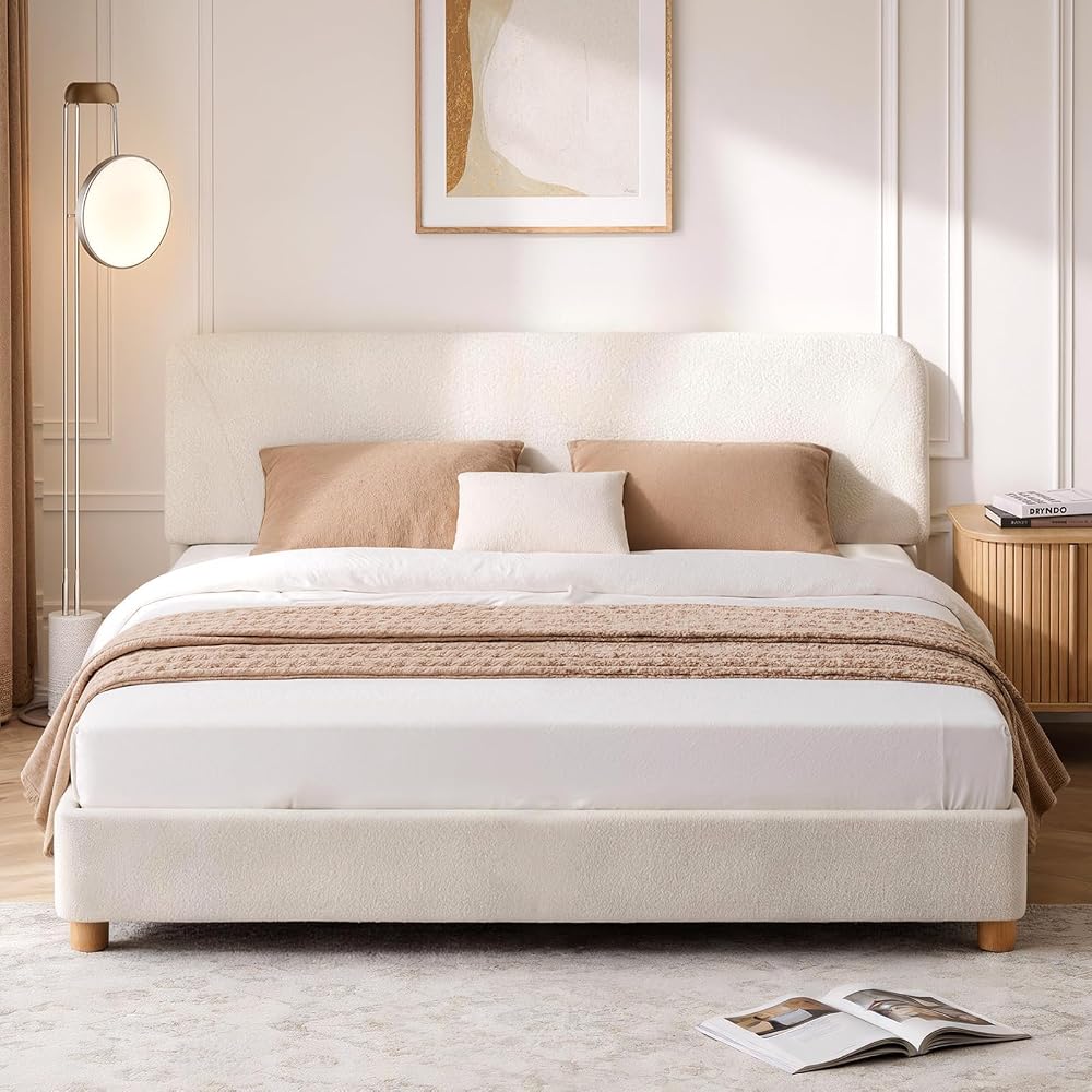 BERRY NEST Queen Size Cloud Bed Frame in cream, soft boucle upholstery with solid wood legs, shown o