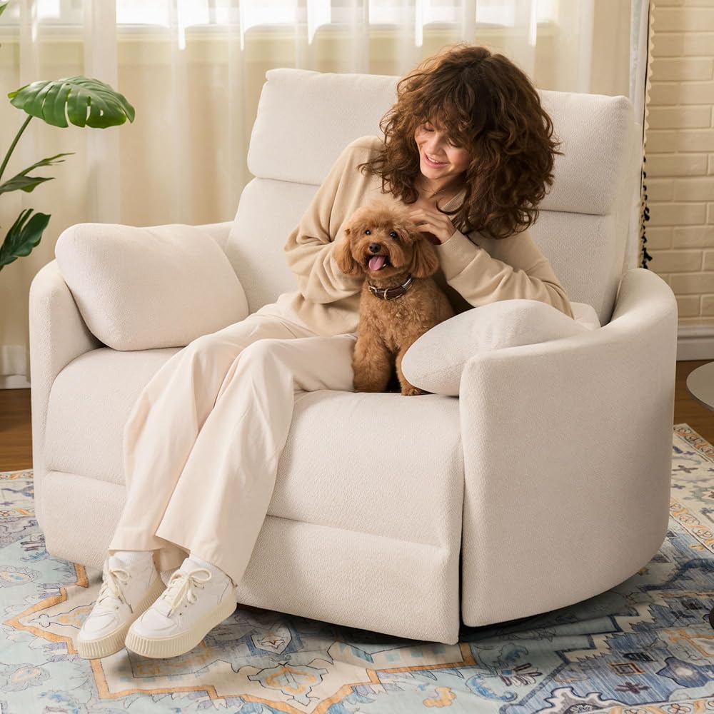 Flexispot Mochi Oversized 54 inch power recliner chair in beige, shown in a living room setting, sol