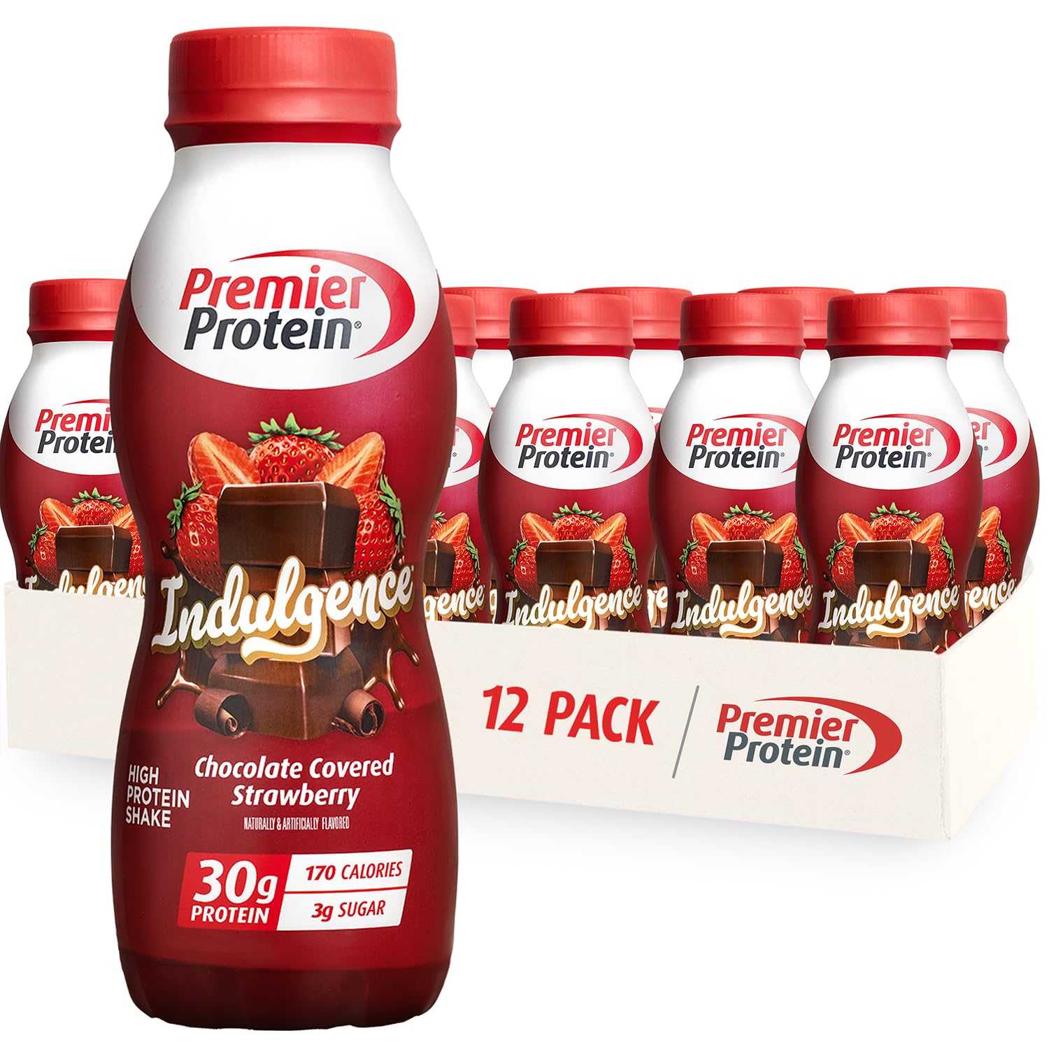 12‑pack Premier Protein Indulgence chocolate covered strawberry shakes on Amazon