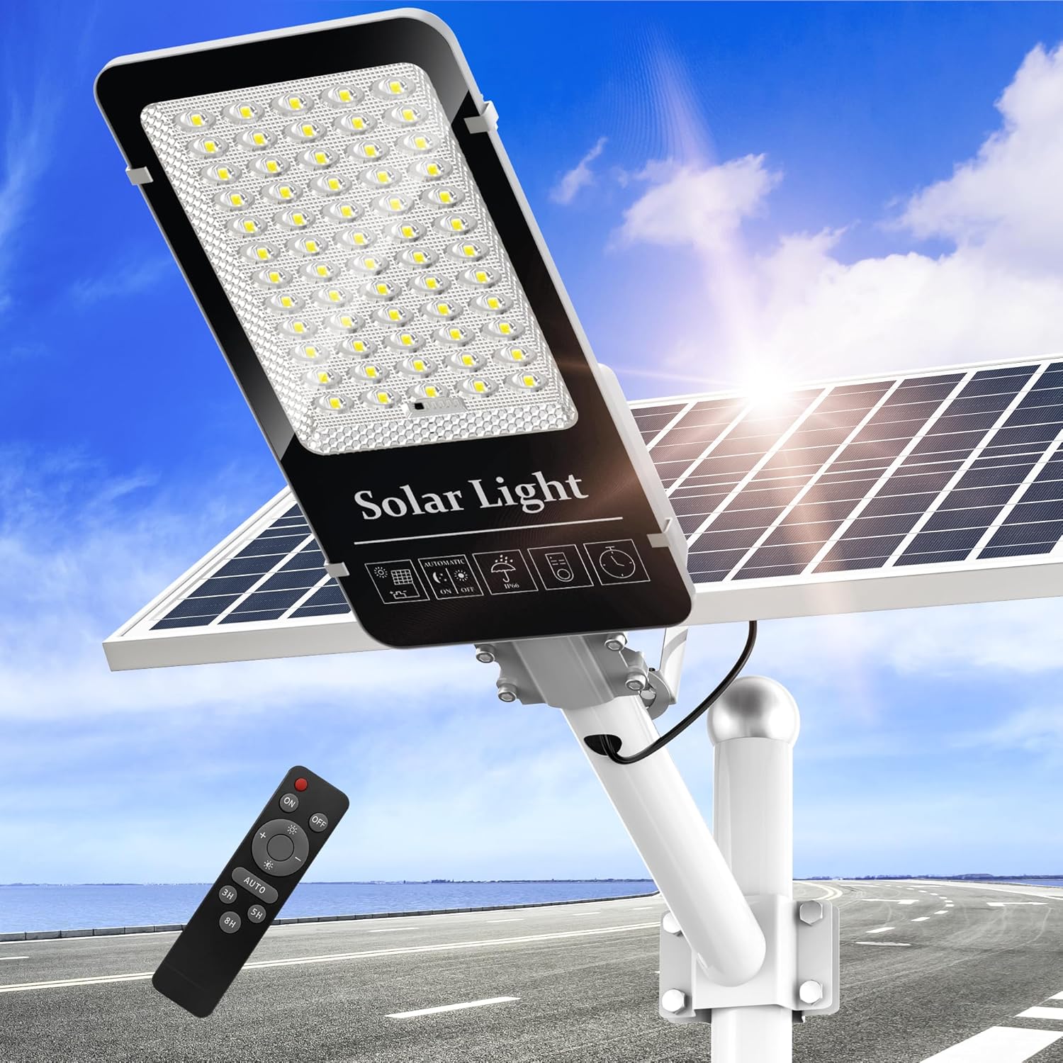 OKPRO 10000W Commercial Split Solar Street Light displayed outdoors, purchased from Amazon