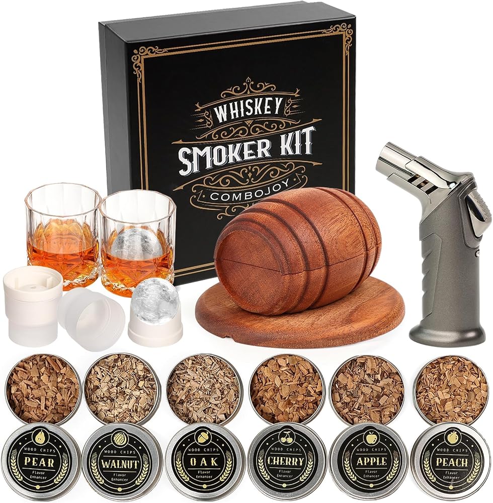 Whiskey Smoker Kit with torch, wood chips, glasses and ice molds sold on Amazon
