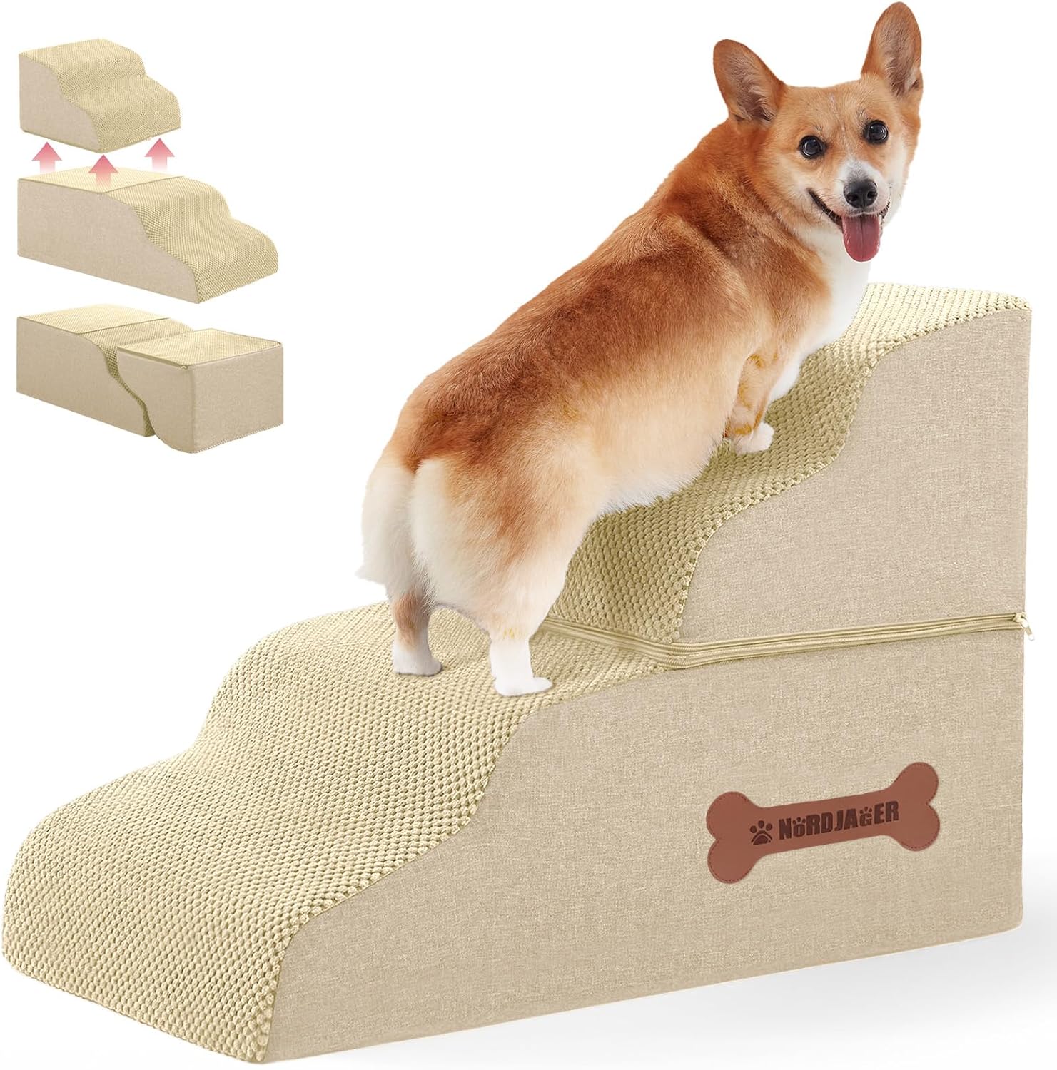 Dog Stairs 4 Steps for small dogs and cats on Amazon, beige, 19 inches high