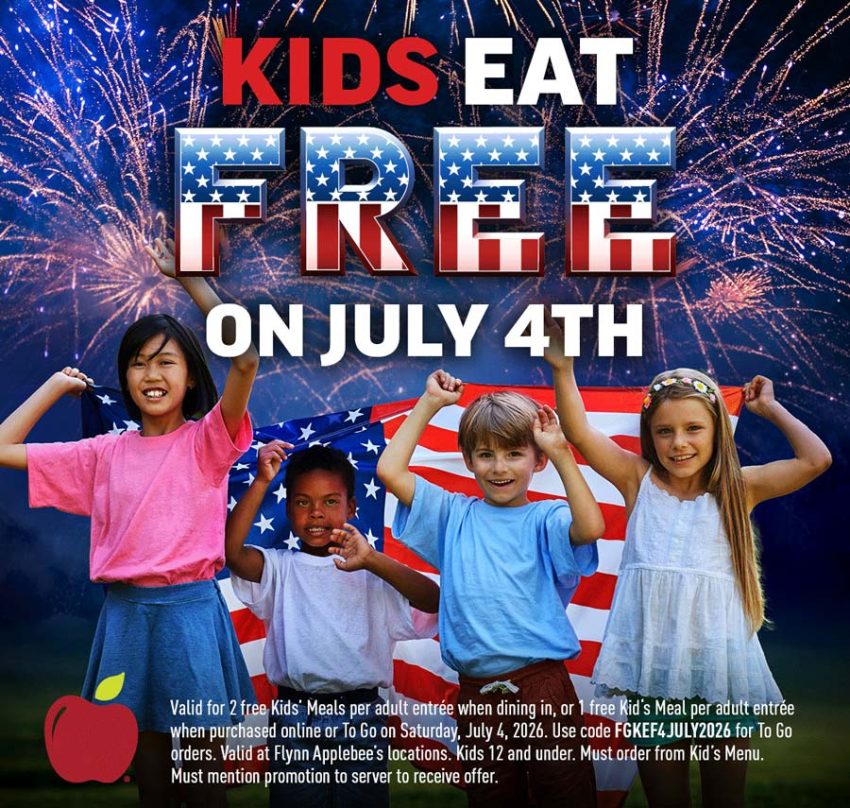 Family enjoying a meal at Applebee's with kids eating free promotion