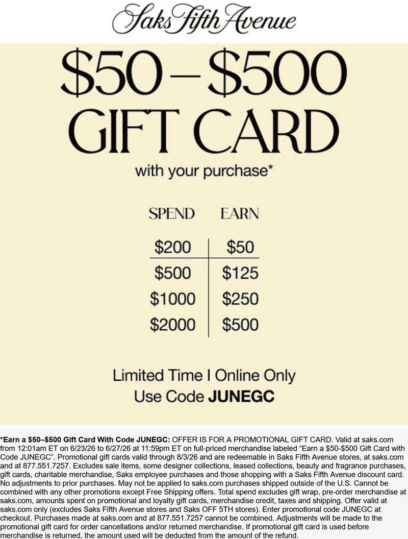 Up to $500 Gift Card on $200+ Spent at Saks Fifth Avenue