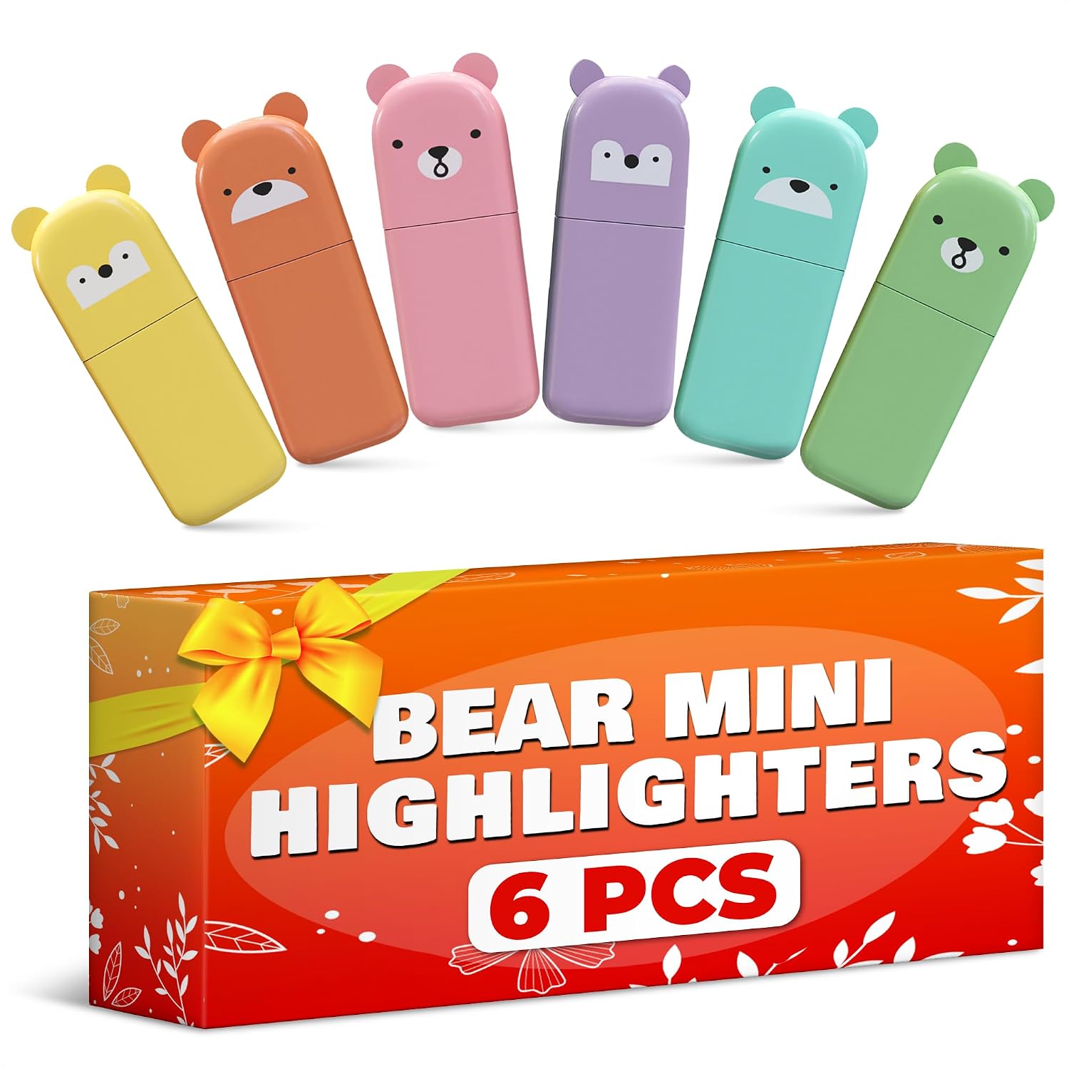 6 Pack Kids Mini Highlighters with cute bear designs sold on Amazon