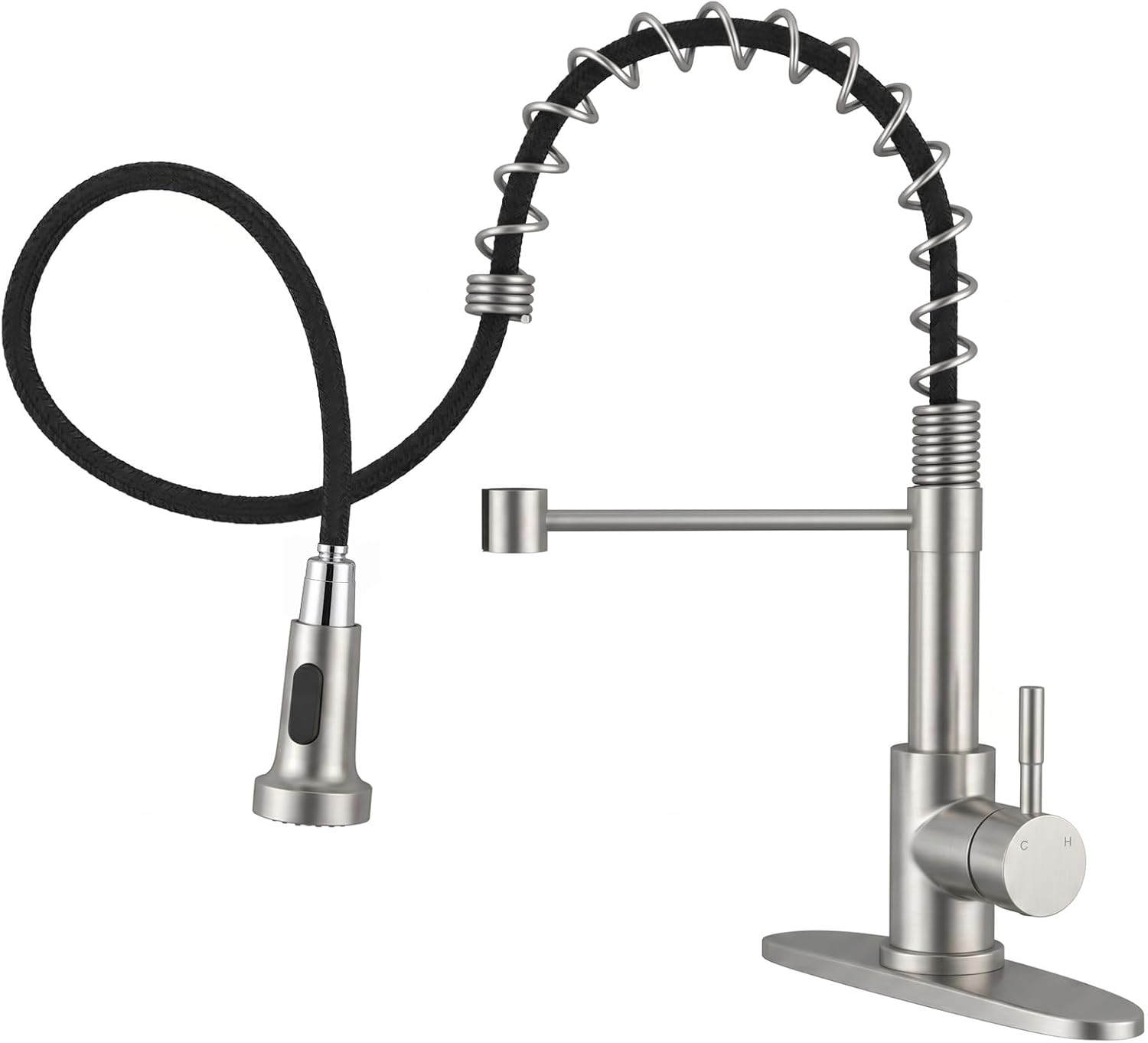 Kitchen faucet with pull‑down sprayer on Amazon, showing sleek chrome finish and brushed nickel opti