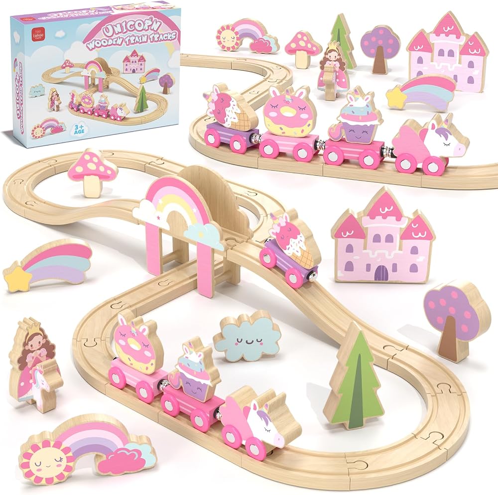 Lehoo Castle Wooden Unicorn Train Set on Amazon, pink wooden train track for toddlers