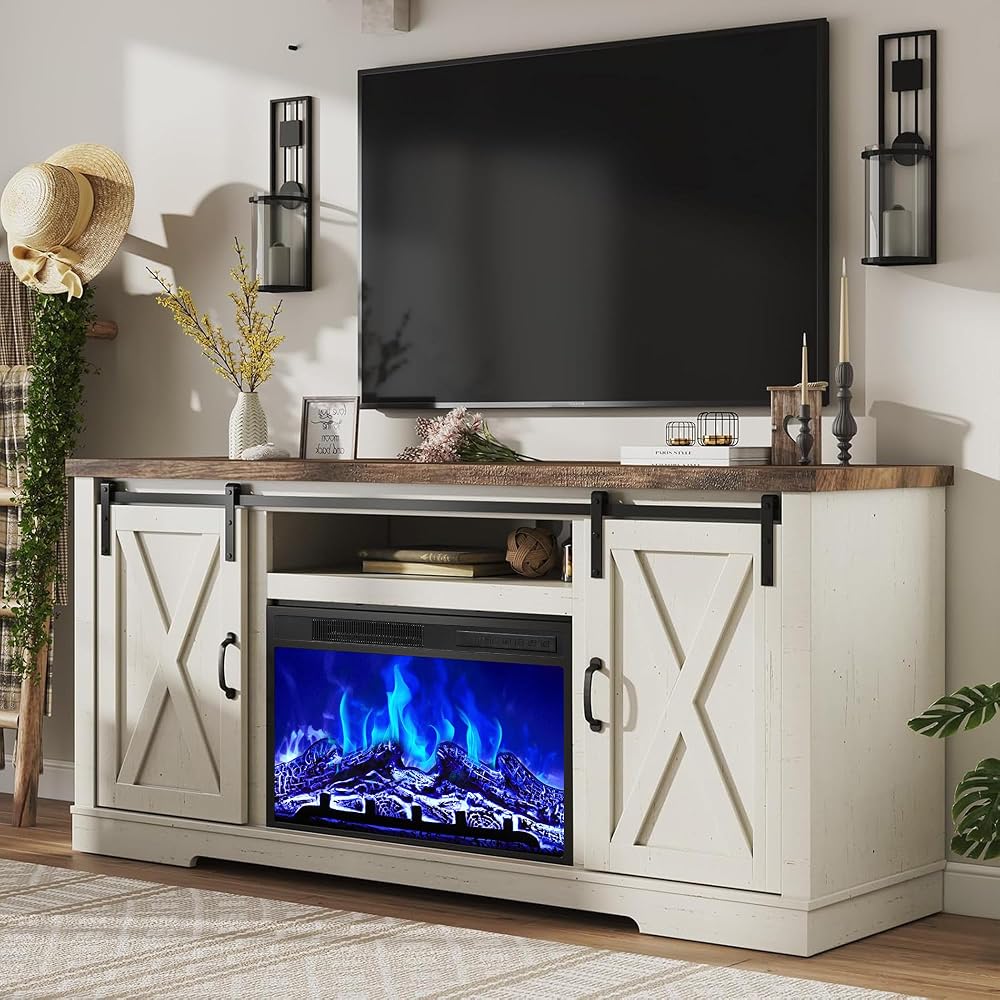 Amerlife Fireplace TV Stand with sliding barn door in distressed white and barnwood, sold on Amazon