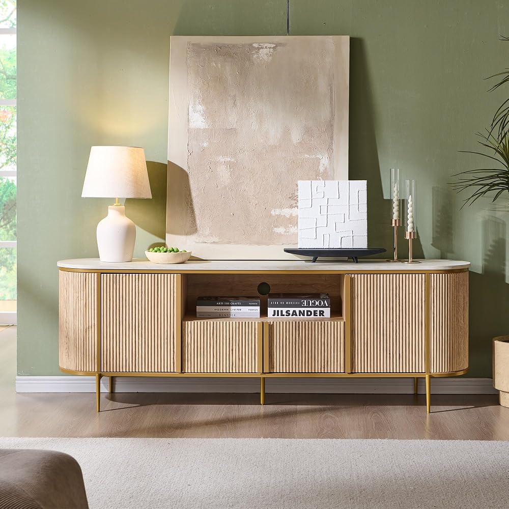 OKD 70" fluted TV stand with faux marble top and storage, shown on Amazon