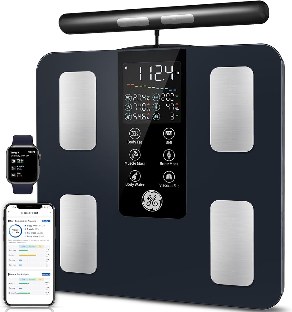 GE Smart Scale digital bathroom scale on Amazon listing, black design with Bluetooth connectivity