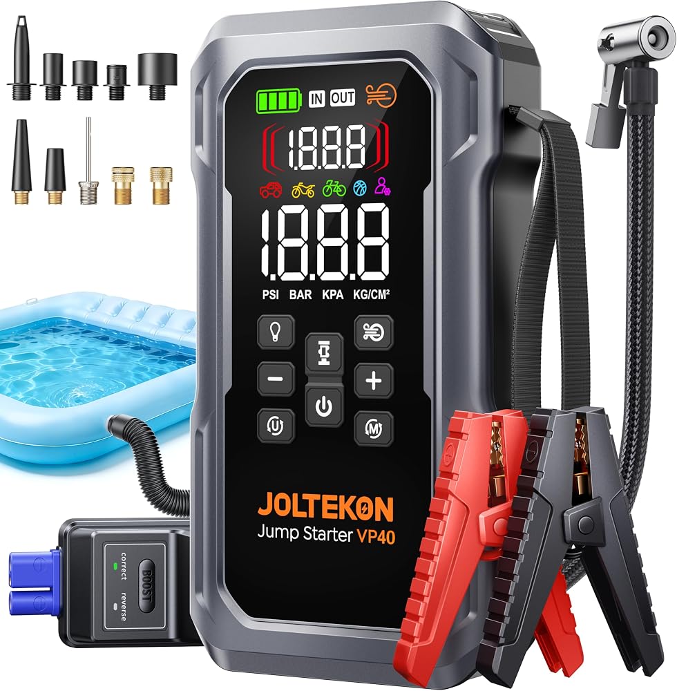 Joltekon 6000A 9-in-1 car battery jump starter with air compressor, shown on Amazon