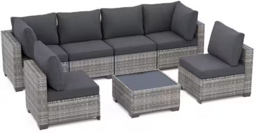 Home Depot 7-piece outdoor patio furniture set with gray cushions