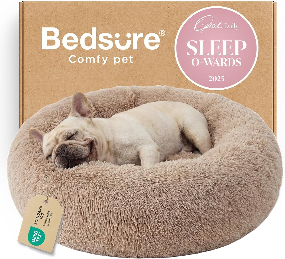 Bedsure Calming Dog Bed in camel color, washable donut pet bed sold on Amazon