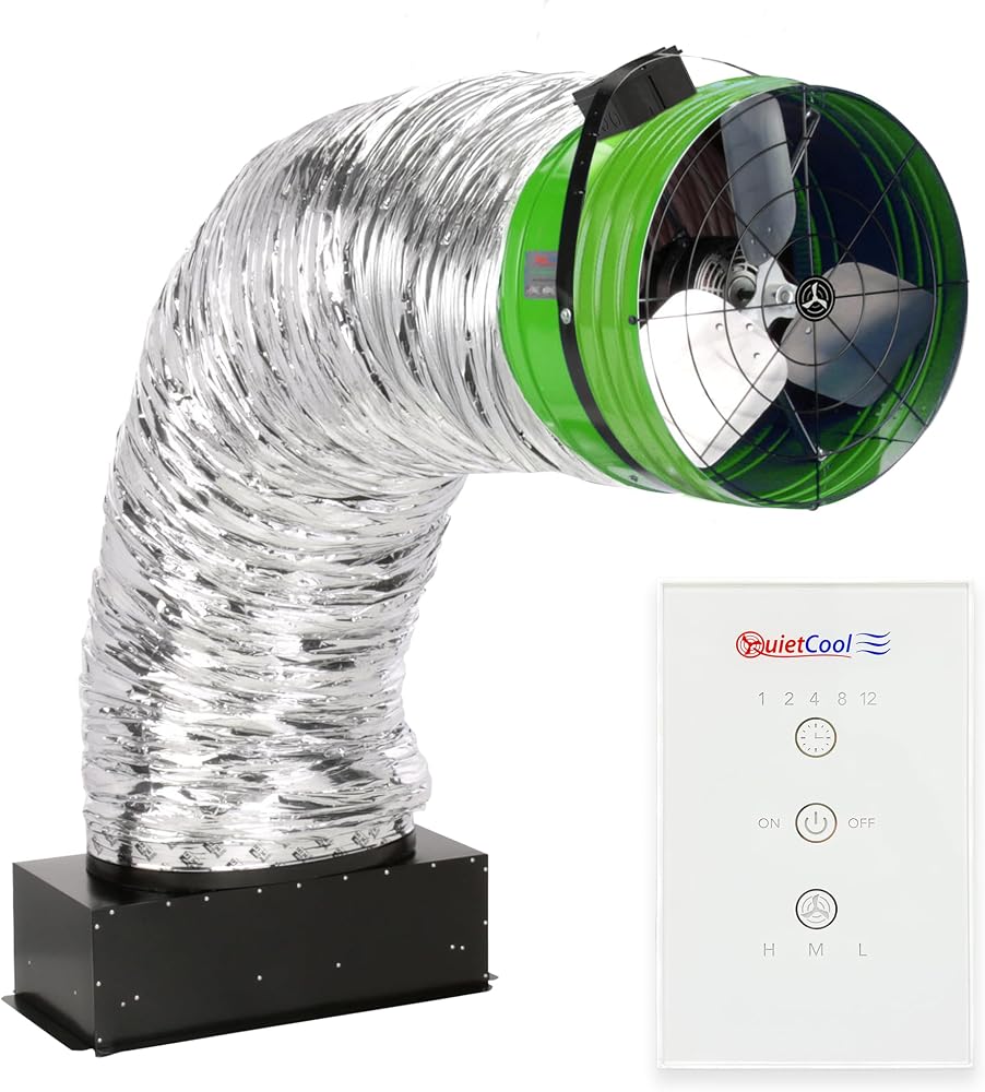Quietcool QC ES-7000 Whole House Fan on Amazon, showing sleek design and wireless control