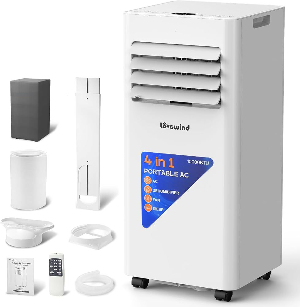 Lovewind 10000 BTU Portable Air Conditioner on Amazon, showing sleek white unit
