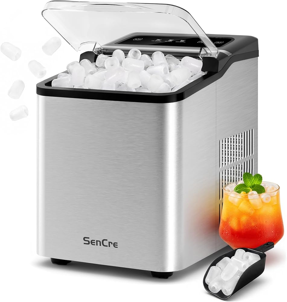 Sencre Countertop Ice Maker on Amazon showing portable ice machine with ice scoop and basket
