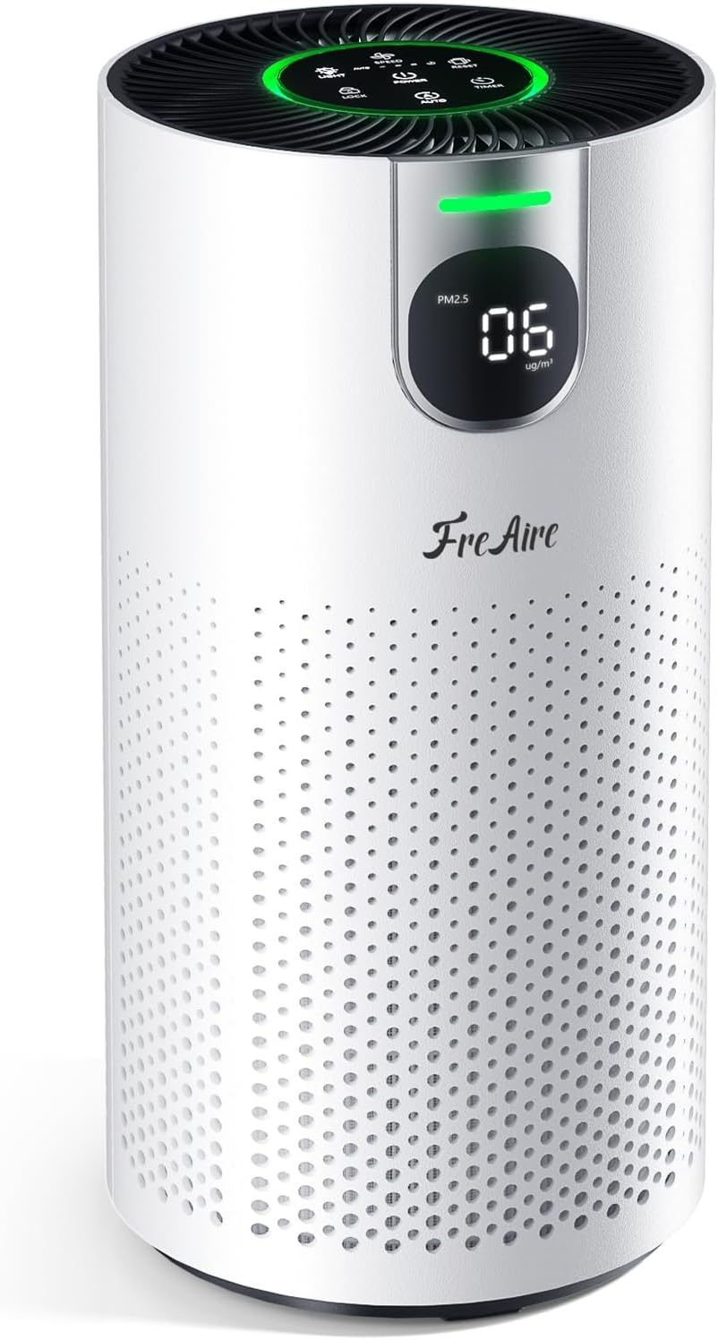 FreAire Air Purifier on Amazon showing sleek design and filter system
