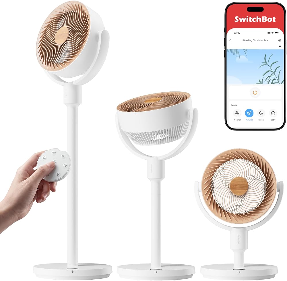 SwitchBot Smart Pedestal Fan on Amazon, rechargeable oscillating standing fan with remote and app co