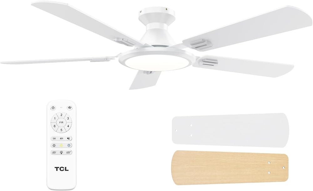 TCL 52 inch ceiling fan with light and remote control, white, sold on Amazon