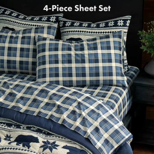 Pawz Full Sheet Set blue plaid bedding displayed at Walmart