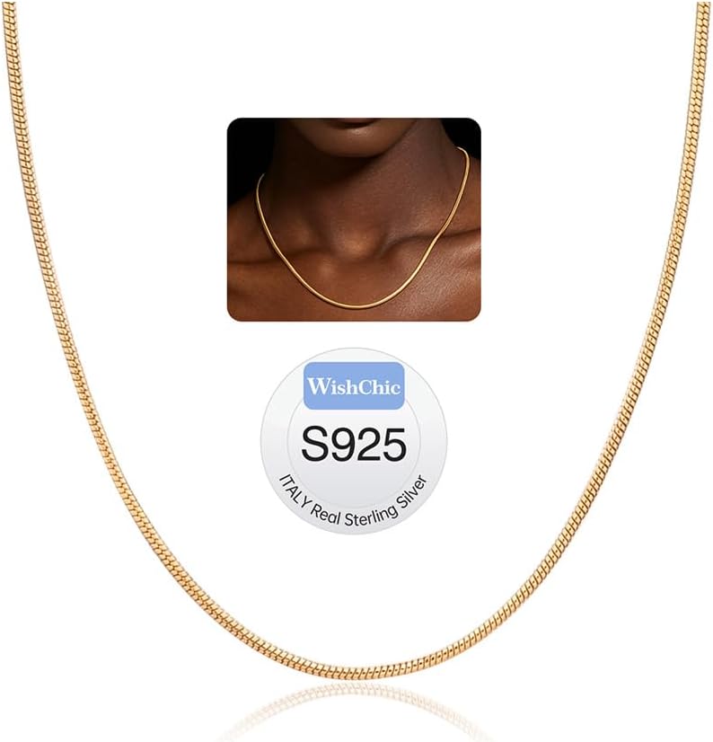 WishChic 18k gold plated snake chain necklace for women, 24 inch, displayed on Amazon