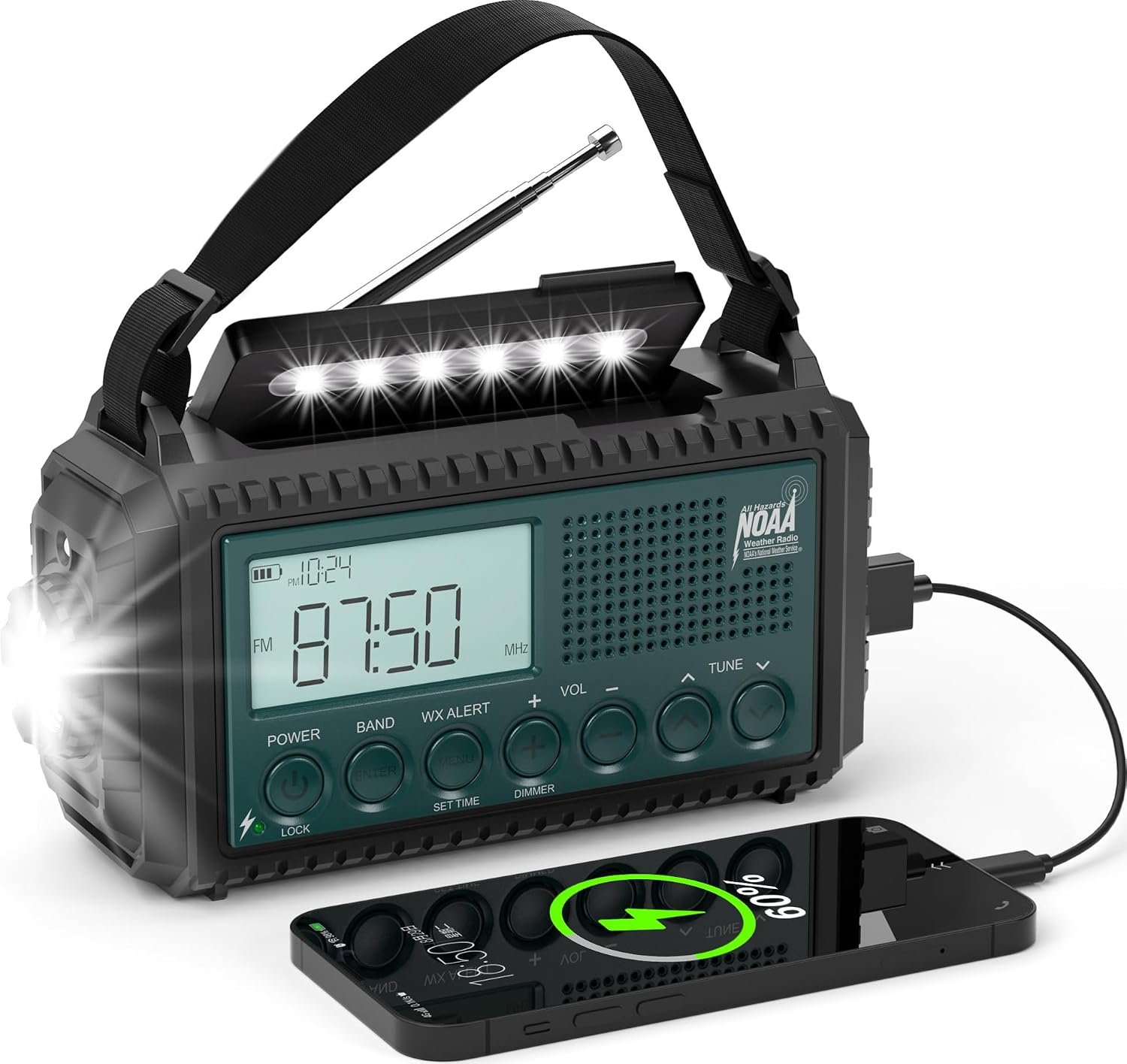 NOAA Emergency Weather Radio with solar hand crank and flashlight on Amazon