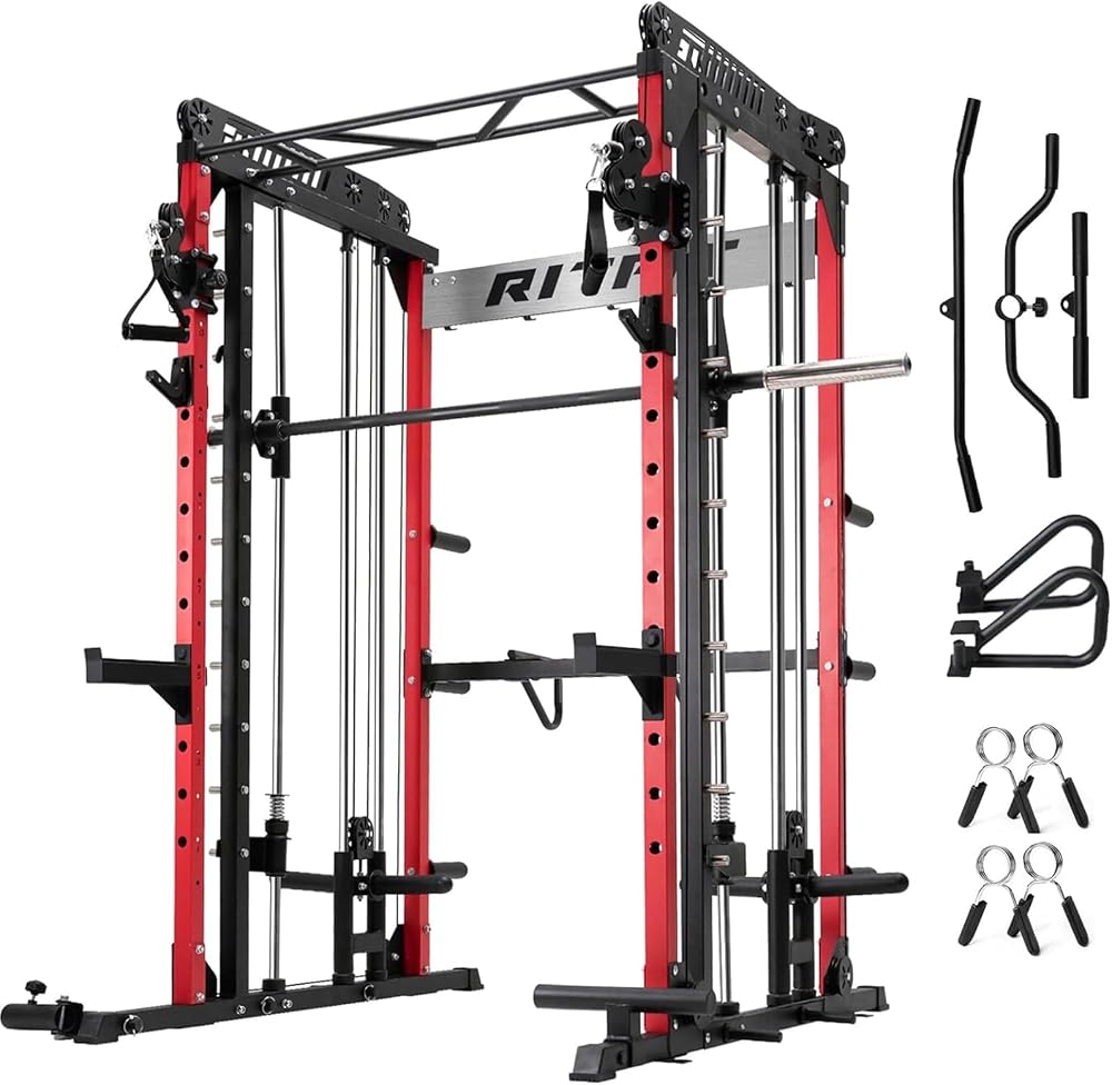 RitFit M1 & M1 Pro Smith Machine with Cable Crossover System displayed in a home gym, Amazon listing