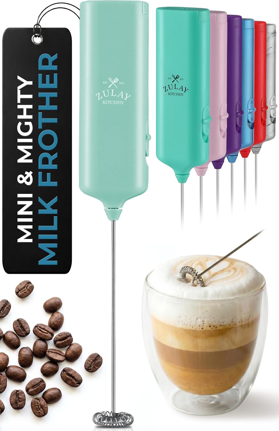 Mini & Mighty Milk Frother handheld coffee whisk on a kitchen counter, Amazon listing