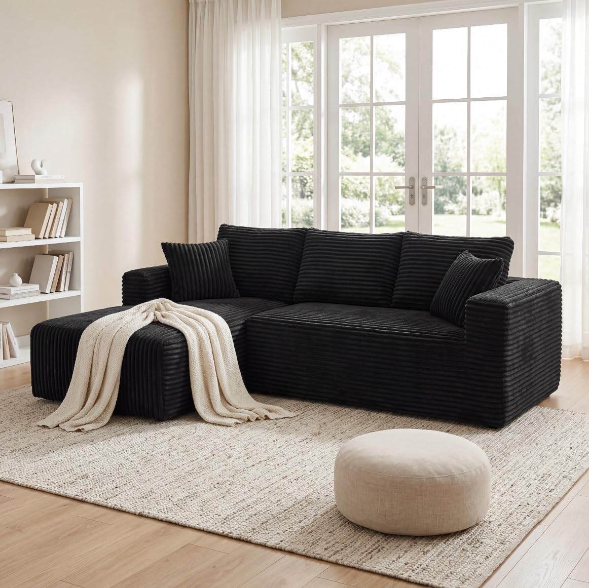 92.5 inch modular sectional sofa L-shaped cloud couch in black corduroy, Amazon listing