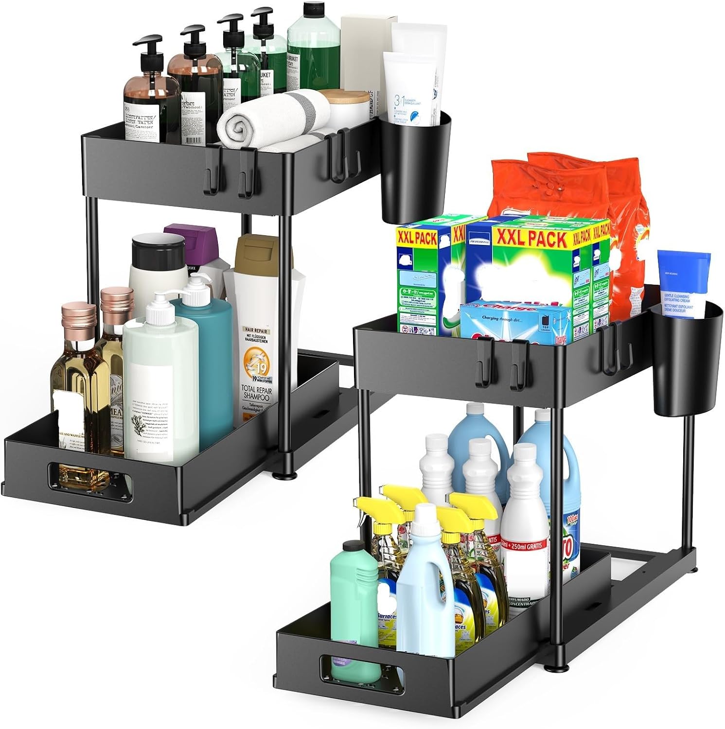 Madoalker 2 Pack Under Sink Organizer with Pull-Out Drawer, black, displayed on Amazon